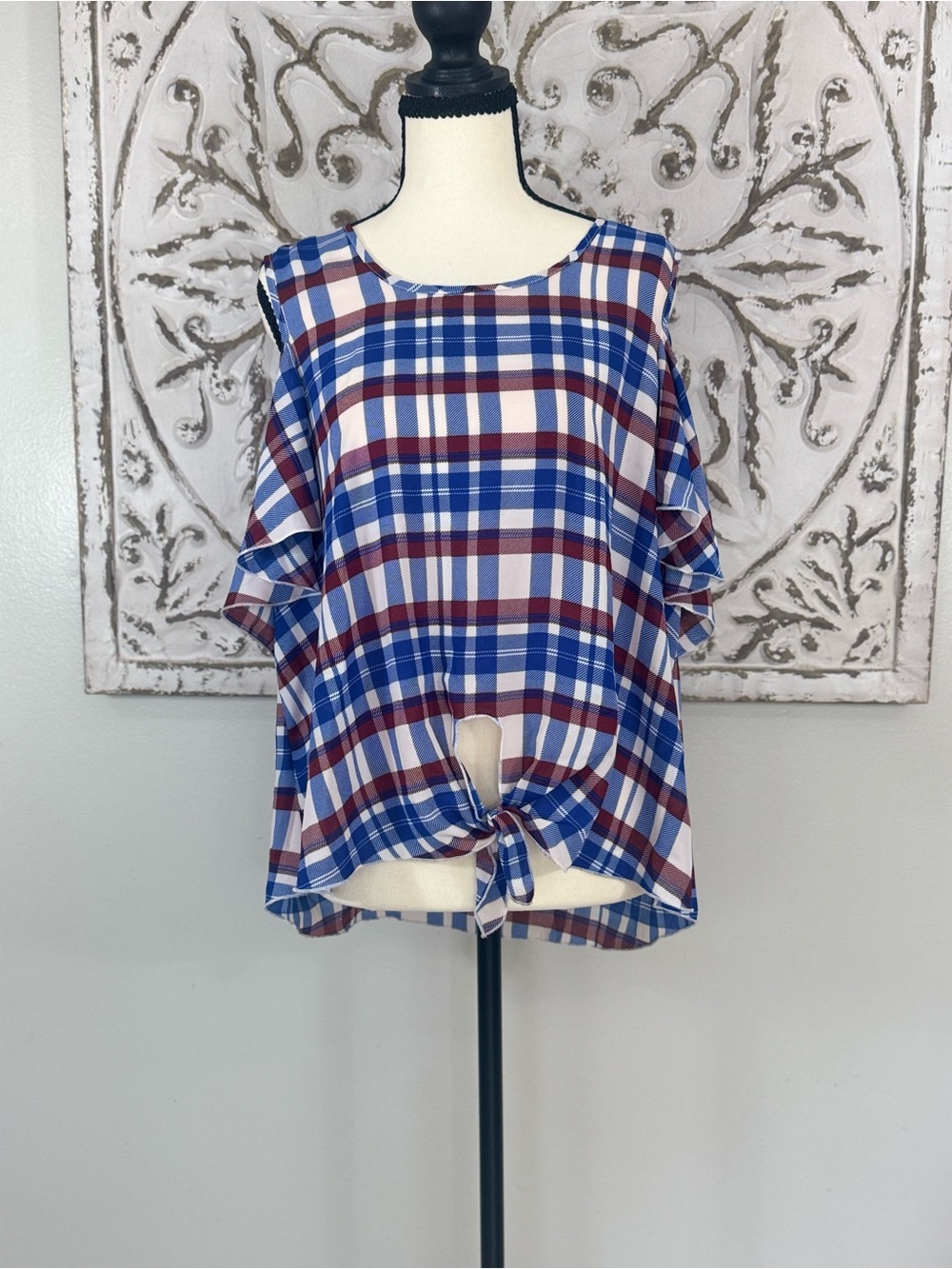 Wishful Park Blue & Burgundy Plaid Cold-Shoulder Tie-Front CamisoleNWT